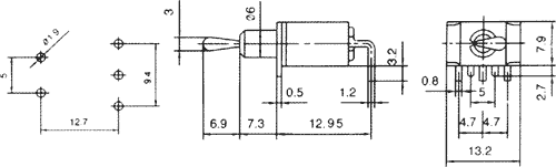 Tumblers, SPDT, ON-ON, 3A/250VAC, Ø6mm, lodēšanai, PCB, 13.2x7.9x9.5mm, ar fiksaciju, leņkisks
