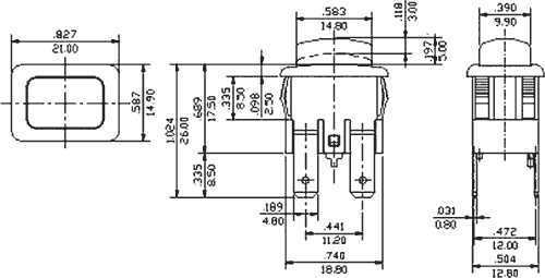 Poga DPST-NO, OFF-ON, 16A/250VAC, 4.8x0.8mm, neona lampiņa sarkana krasa, 18.8x12.8x15mm, ar fiksaciju