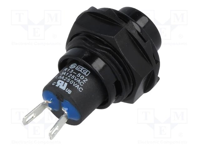 Poga SPST-NO, OFF-(ON), 1.5A/250VAC, M12, Ø16x30mm, melnā/melnā krasa, plastmasas, lodejama, bez fiksacijas