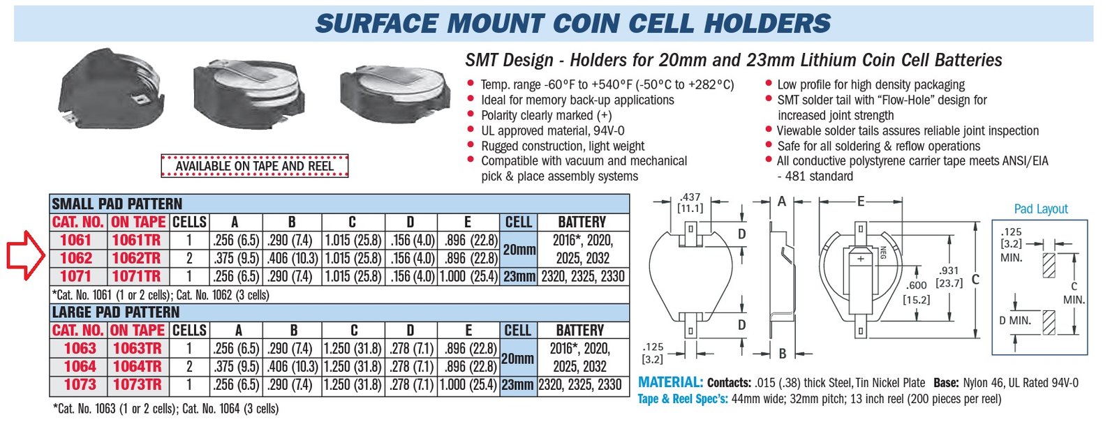 Bateriju turētājs CR2032, 2016, 2020, 2025, SMD, plastmasas, horizontals, melna, SMD, 2 baterijas, KEYSTONE