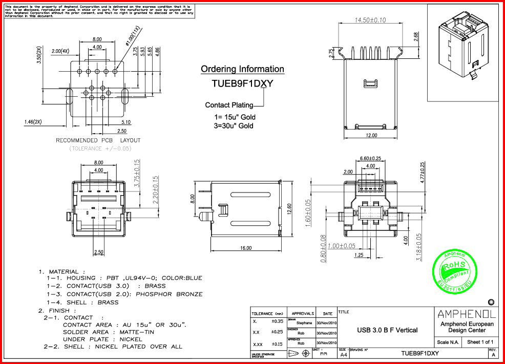 USB B(3.0) ligzda, uz šasija DIP montāža, vertikāla