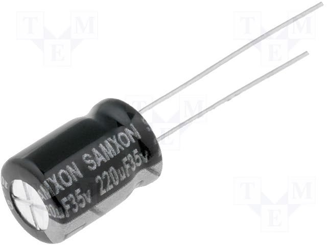 220/35V, 105C, Ø8x16mm, ±20%, Kondensatori zemas induktivitātes, 7000h, SAMXON, ar lokaniem izvadiem
