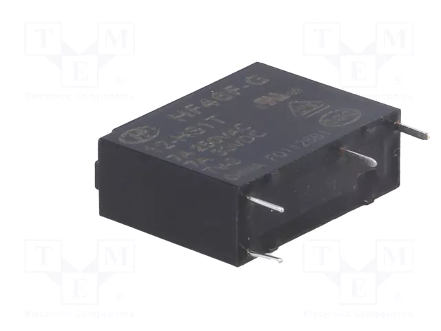 Relejs DC12V, SPST-NO, 7A/250VAC, 7A/30VDC, 720Ω(16.6mA), viens kontakts uz saslēgšanu, 20.5x7x15.3mm, HONGFA RELAY