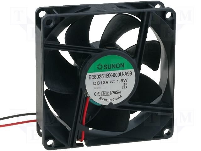 80x80x25mm, DC12V, ritgultnis, 76.5m3/h, 38dBA, 3600RPM, 1.8W Ventilators