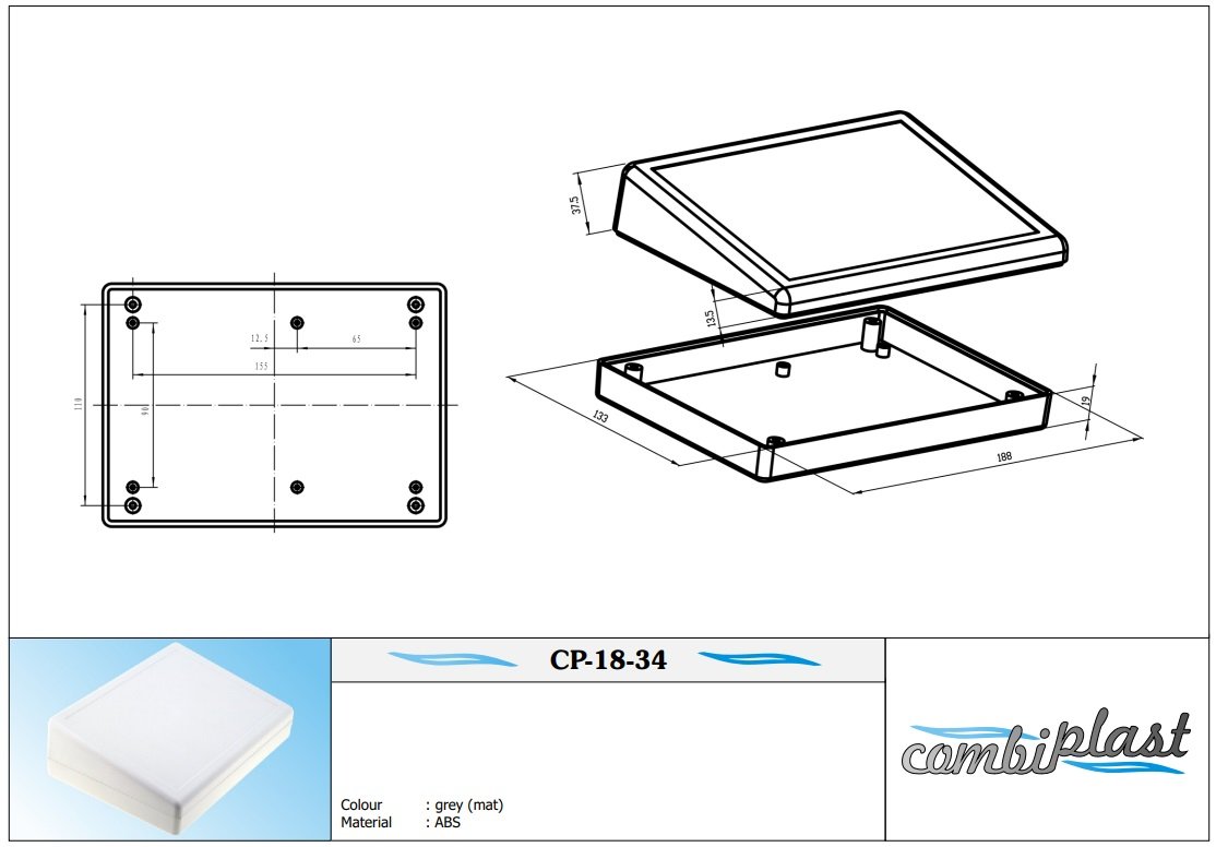 Plastmasas korpuss, 188x133x56.5/32.5mm, ABS, pelēkā krasa
