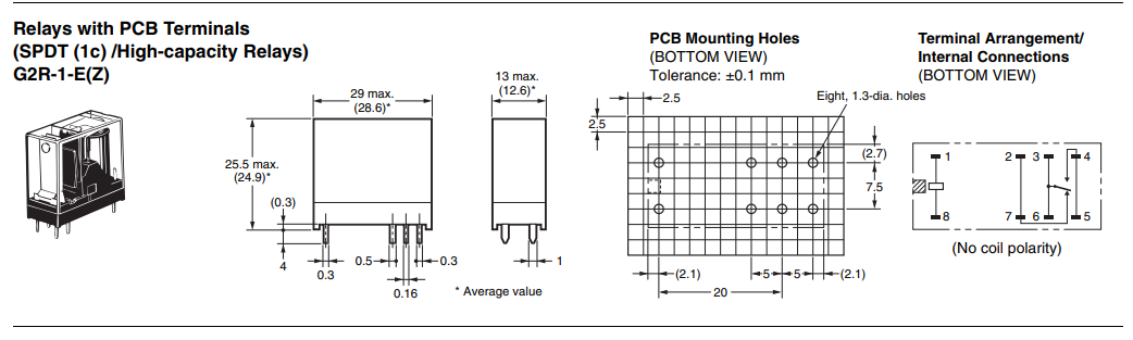 Relejs DC5V, SPDT, 16A/250VAC, 16A/30VDC, 47R(106mA), viens kontakts uz pārslēgšanu, 29x13x25,5mm, OMRON