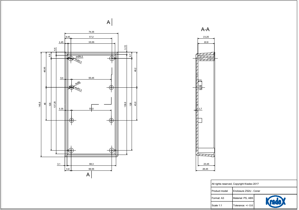 Plastmasas korpuss, 74x146x40mm, ABS, melnā krasa, ar piestiprinājumiem