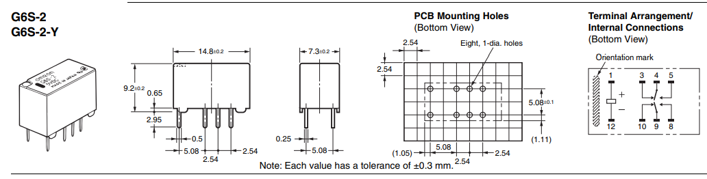 Relejs DC5V, DPDT, 2x0.5A/125VAC, 2x2A/30VDC, 178Ω(28mA), divi kontakti uz pārslēgšanu, 14.8x7.3x9.2mm, OMRON