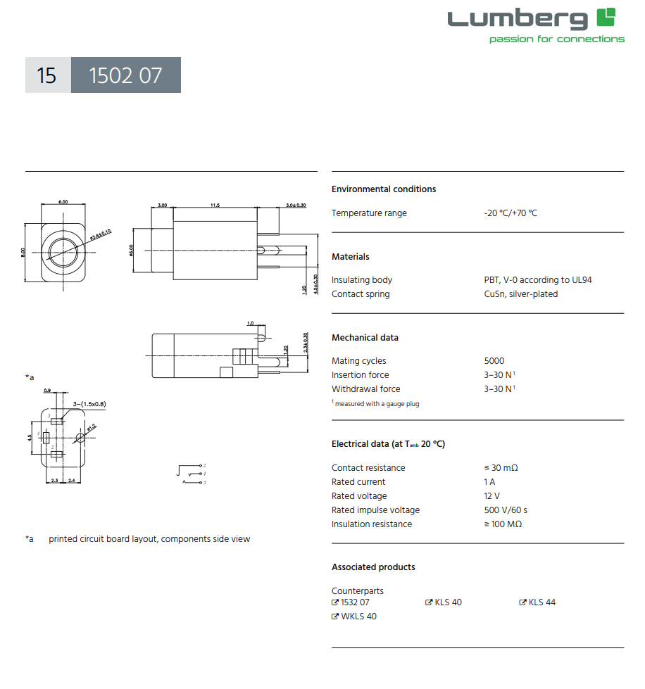 3.5mm ligzda, stereo, plastmasas, THT, vertikālā, LUMBERG