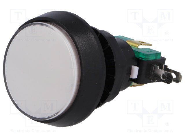 Poga SPDT, ON-(ON), 10A/250VAC, Ø44x70mm, baltā krasa, plastmasas, spailes 4.8x0.5mm, LED12V, viens kontakts uz pārslēgšanu, bez fiksacijas