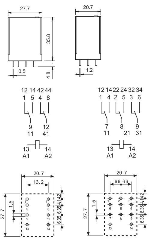 Relejs 230V/AC, 3PDT, 3x10A/250VAC, 17kΩ(13.5mA), trīs grupas uz pārslēgšanu, 27.7x20.7x35.8mm, FINDER