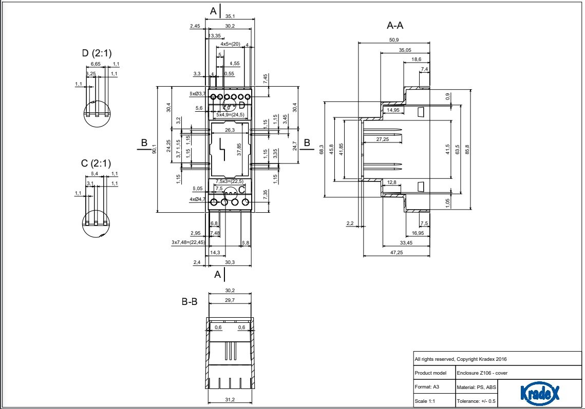 Plastmasas korpuss, 35x90x65mm, polistirens, for DIN rail mounting, peleka krasa