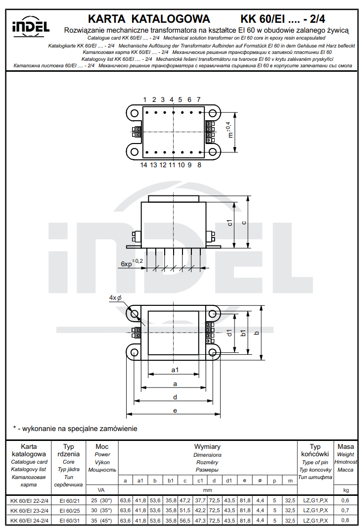Transformators 220V=>24V, 1250mA, 30VA, 63.6x53.6x47.2mm, klemes