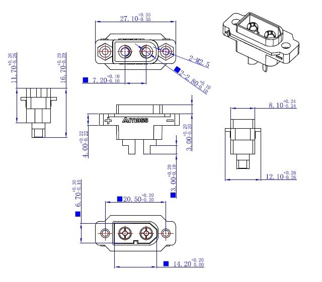 2Pin, XT60, "papa", 500V, 30A, 12AWG, lodejama, uz paneli, atloku (2 atveres)