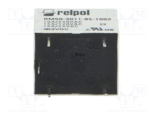 Relejs DC3V, SPDT, 10A/240VAC, 15A/24VDC, 25R(200mA), IP64, viens kontakts uz pārslēgšanu, 19x15.4x15.5mm, RELPOL