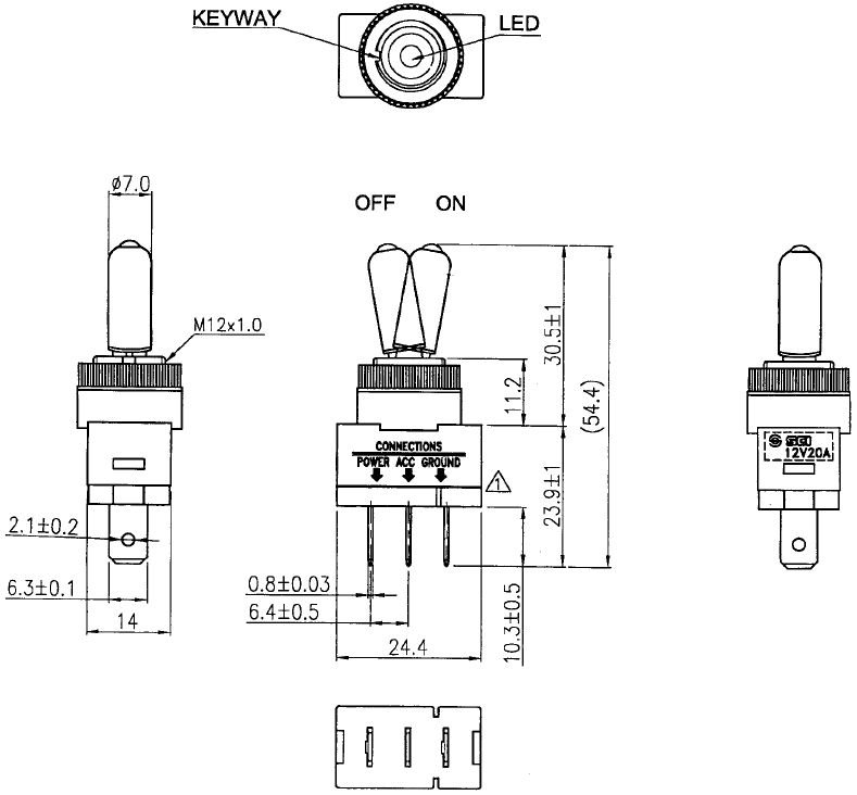 Tumblers, SPST-NO, OFF-ON, 20A/12VDC, LED12VDC, sarkans, 6.3x0.8mm, M12, 24.4x14x18.7mm, poliamids, CSI, ar fiksaciju