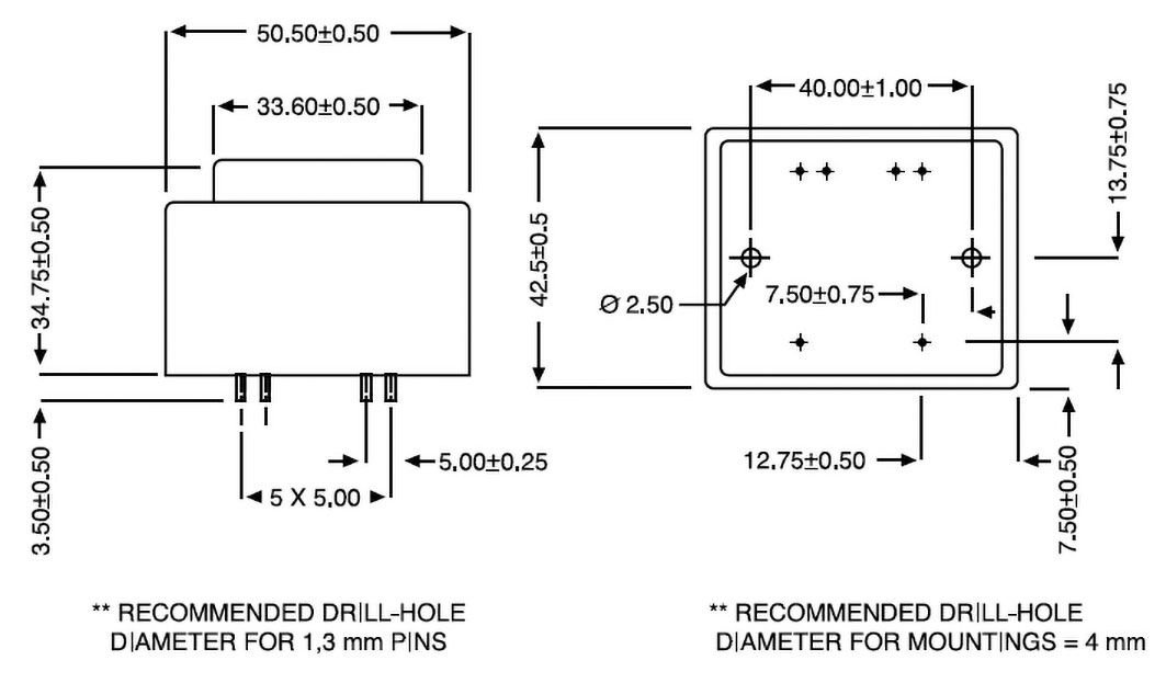 Transformators 220V=>2x24V, 2x208mA, 10VA, 50.5x42.5x34.75mm
