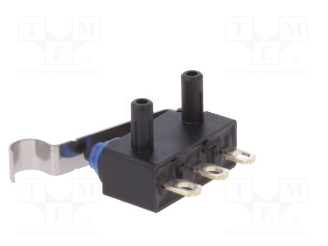 Mikropārslēdzējs ar sviru (ar izliekto galu) L=16mm, SPDT, ON-(ON), 0.1A/125VAC, 2A/12VDC, IP67, 13.3x5.3x6.5mm, lodešanai, OMRON