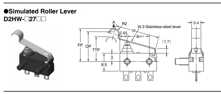 Mikropārslēdzējs ar sviru (ar izliekto galu) L=16mm, SPDT, ON-(ON), 0.1A/125VAC, 2A/12VDC, IP67, 13.3x5.3x6.5mm, lodešanai, OMRON