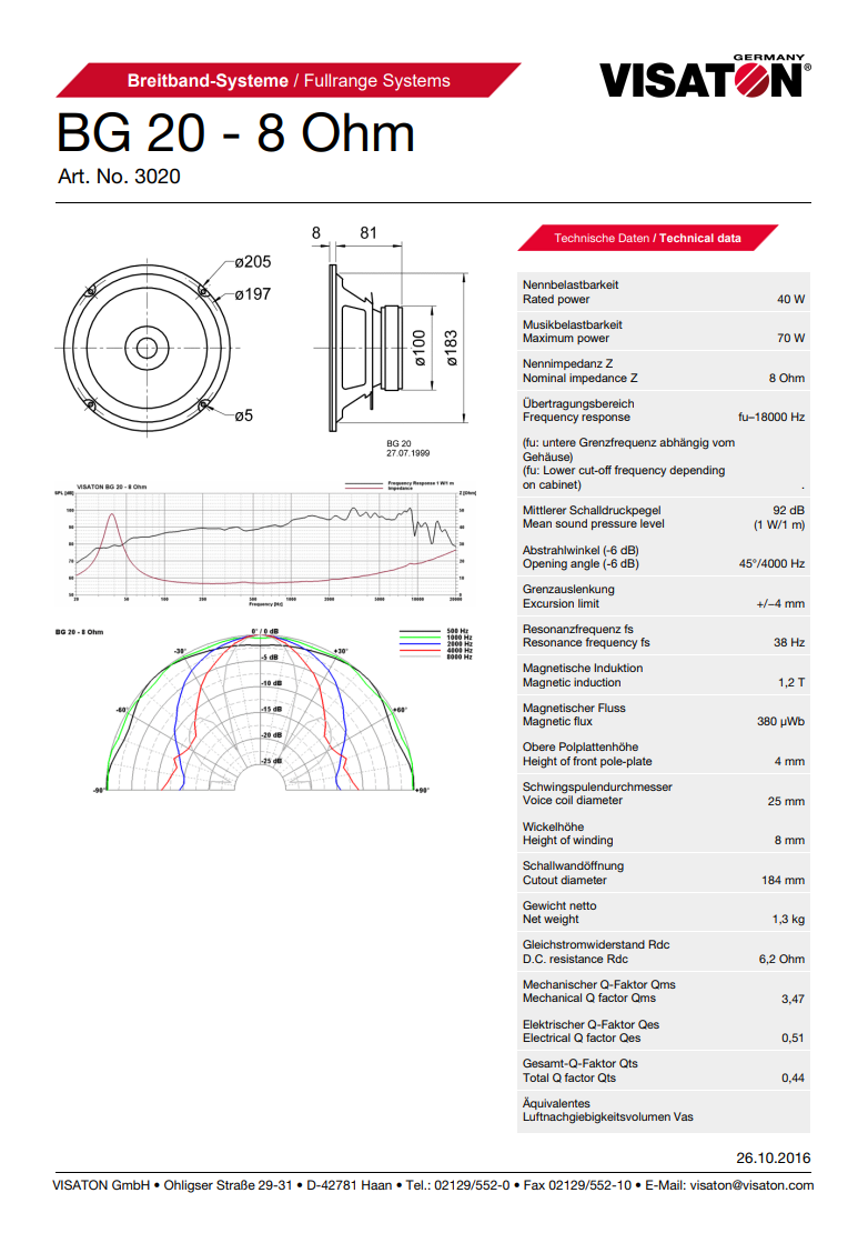 Skaļrunis 40W, 8Ω, 0...18kHz, 92dB, Ø205x89mm, Pēc iepriekšēja pasūtījuma