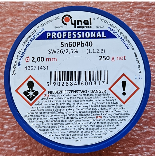 2mm 60Sn/40Pb, 250g, Lodalva ar flusu F-SW26, No Clean, 2.5%, 190°C