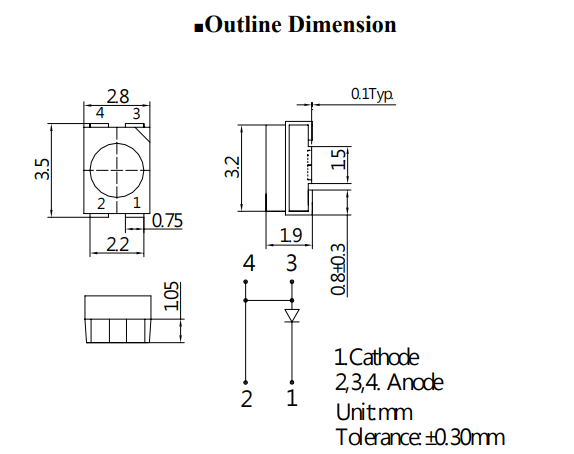 Gaismas diode SMD, sarkans, 3528, PLCC4, 2180...2800mcd, 619...629nm, 2...2.6V/70mA, 3.5x2.8x1.9mm, 120grad., kopējs anods, PLCC4