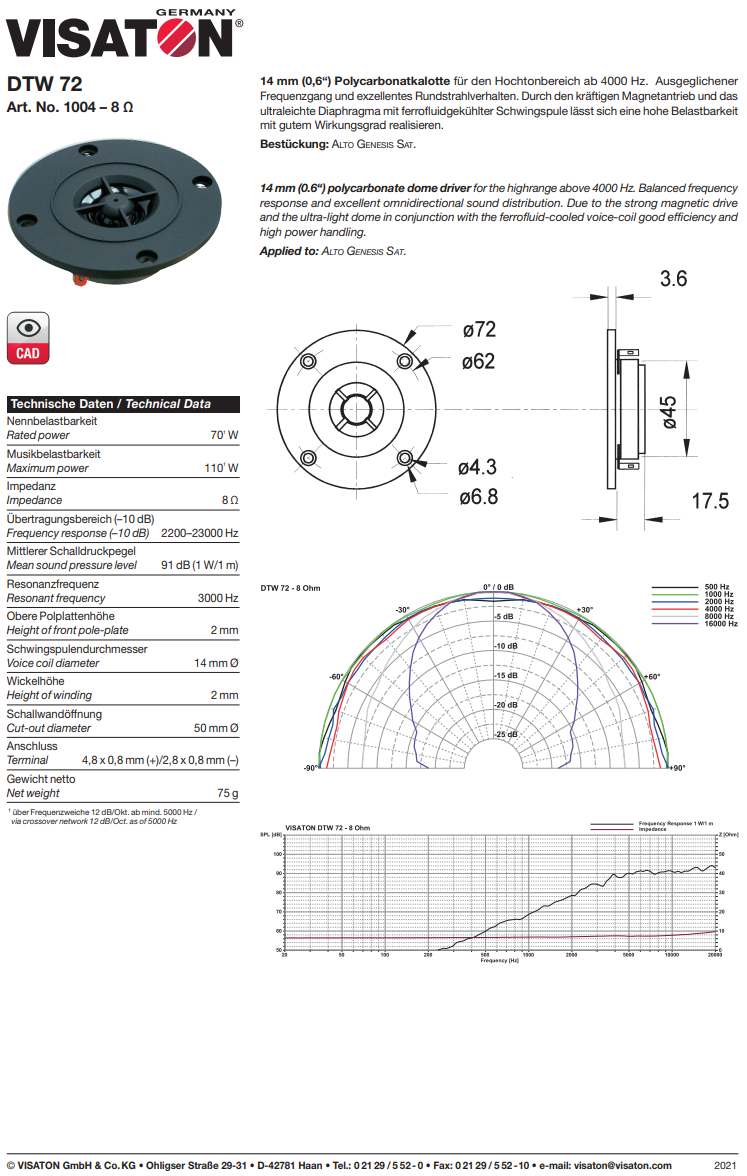 Skaļrunis augsta frekvence 70W, 8R, 2200...23000Hz, 91dB, Ø72x21.1mm, VISATON