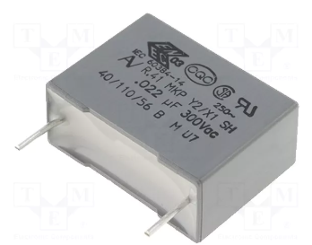 22nF 300VAC plēves kondensatori polipropilēna, ±20%, P15, 7.5x13.5x18mm, traucējumi X1/Y2