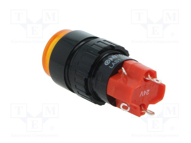 Poga M16x36mm, SPDT, ON-ON, 3A/220VAC, 2A/24VDC, IP67, LED24VAC/DC, oranža krasa, ar fiksacijuas