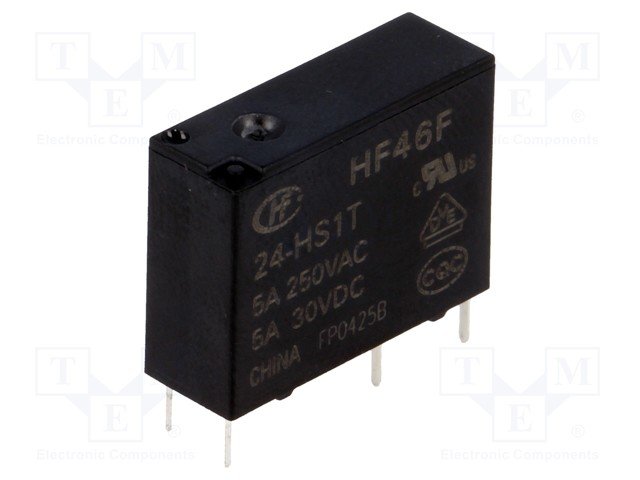 Relejs DC24V, SPST-NO, 5A/250VAC, 5A/30VDC, 2.88kΩ(8.3mA), viens kontakts uz saslēgšanu, 20.5x7x15.3mm, HONGFA RELAY