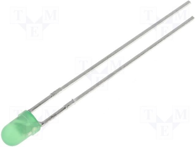 3mm, zaļa, 8...32mcd, 60°, 2.2...2.5V/20mA, 565nm, gaismas diode