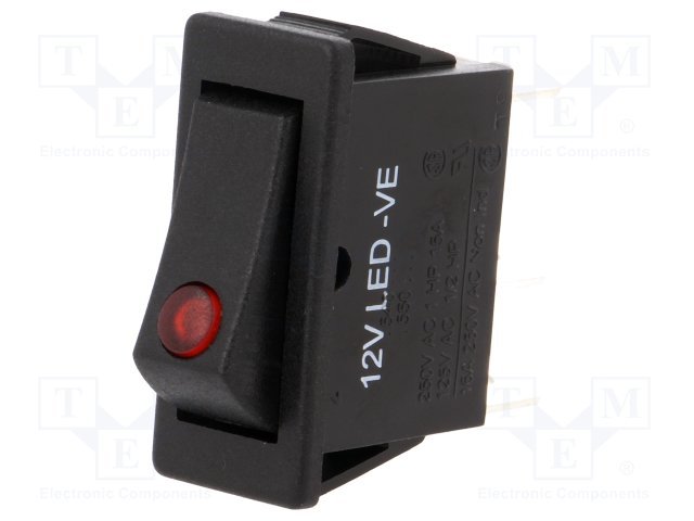 Taustiņslēdzis SPST, ON-OFF, 16A/250VAC, 14x29x36mm, 6.3x0.8mm, apgaism. LED12VDC, sarkana krasa, ar fiksāciju