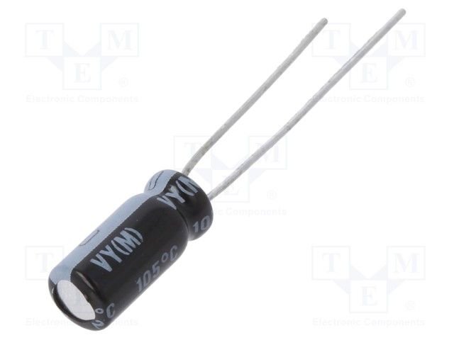 4.7/100V, 105C, Ø5x11mm, ±20%, Kondensators elektrolītisks, 2000h, AISHI, ar lokaniem izvadiem