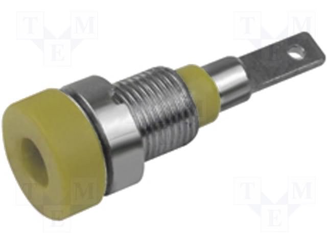 Testera ligzda, 2mm, 10A, L=23mm, šasijai, bez iekšēja aizspiedņa, 2mm banānam, dzeltens