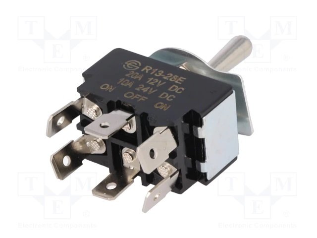 Tumblers, DP3T, ON-OFF-ON, 20A/12VDC, kontakti 6.3mm, M12, 33.2x19x19mm, ar fiksaciju