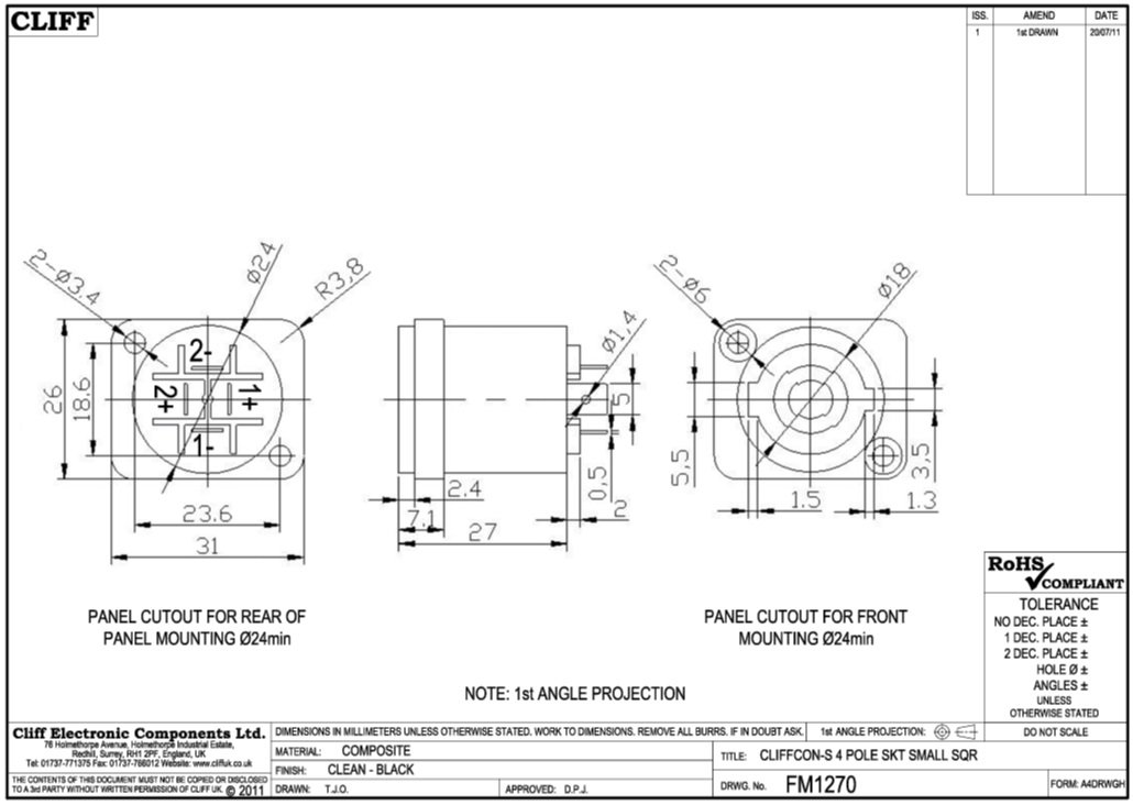 4pin, speakon ligzda, šasijai kvadrats, 26x26x32.5mm, CLIFF