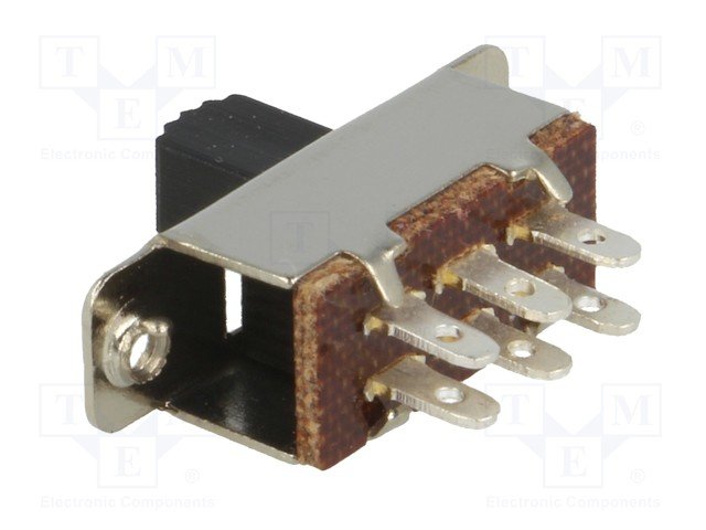 Pārslēdzējs slīdbīdņu DPDT, 0,5A/250VAC, ON-ON, 16x7.5x7.5mm, L=6.5mm, taisns, divi kontakti uz divam stāvoklim