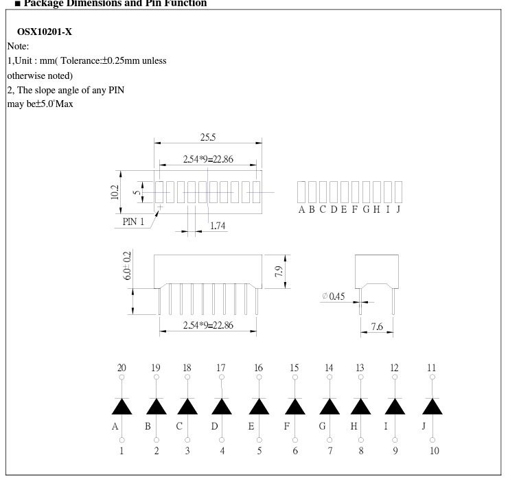 10LED skala, 25.5x10.2x7.9mm. 70mcd, sarkans