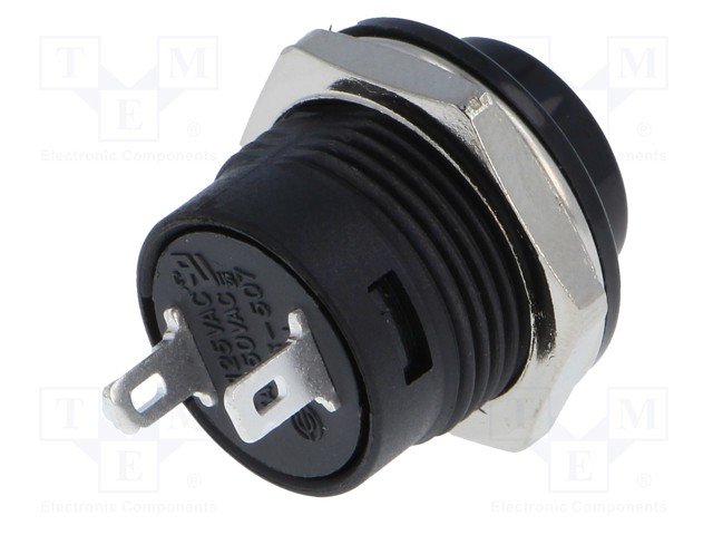 Poga SPST-NO, OFF-(ON), 3A/250VAC, M16, Ø19x23mm, melns/melna krasa, bez fiksacijas