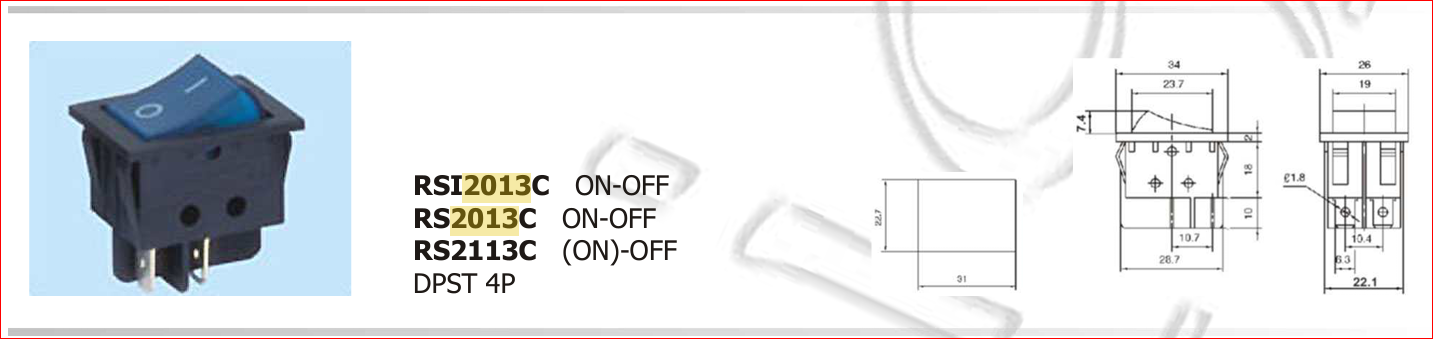 Taustiņslēdzis DPST, ON-OFF, 15A/250VAC, 26x34.0mm, (--O), pēlekā krasa, ar fiksāciju