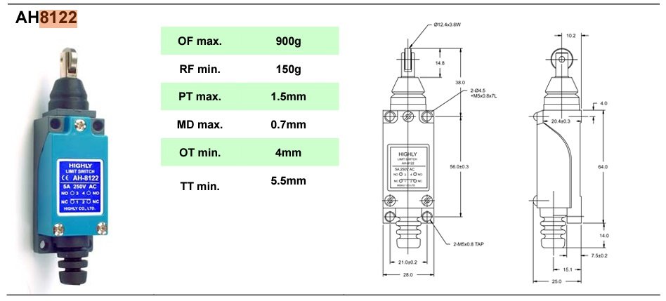 Gala slēdzis, ar šķērseniskam metāliskam rulišiem Ø18mm, NO + NC, 5A/250VAC, IP64, 64x28x25mm