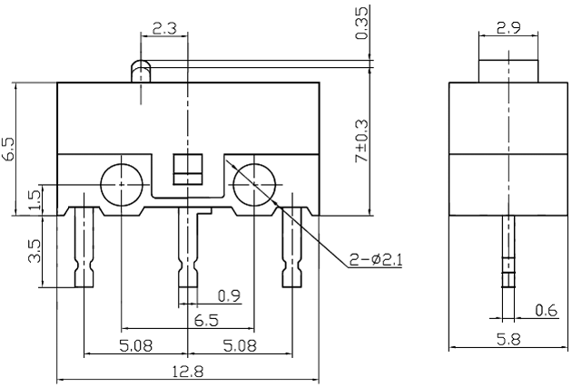 Mikropārslēdzējs bez sviras, SPDT, ON-(ON), 1A/125VAC, IP40, 12.8x5.8x6.5mm, viens kontakts