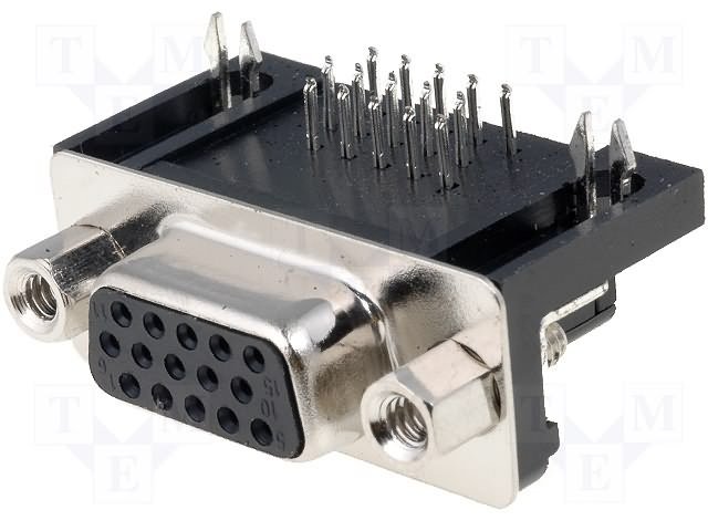 15PIN tris rindas D-Sub HD, ligzda, PCB type, leņķisks, plastmasu korpuss