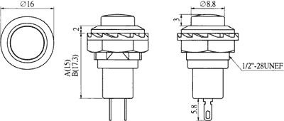 Poga SPDT, ON-(ON), 1.5A/250VAC, Ø16x30mm, M12, 1/2"-28UNEF, metala/melnā krasa, metals, lodejama, viens kontakts uz pārslēgšanu, bez fiksacijas
