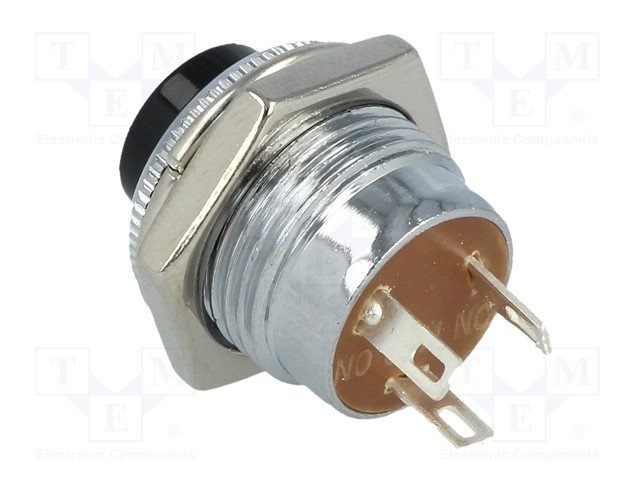 Poga SPDT, ON-(ON), 1.5A/250VAC, Ø16x30mm, M12, 1/2"-28UNEF, metala/melnā krasa, metals, lodejama, viens kontakts uz pārslēgšanu, bez fiksacijas