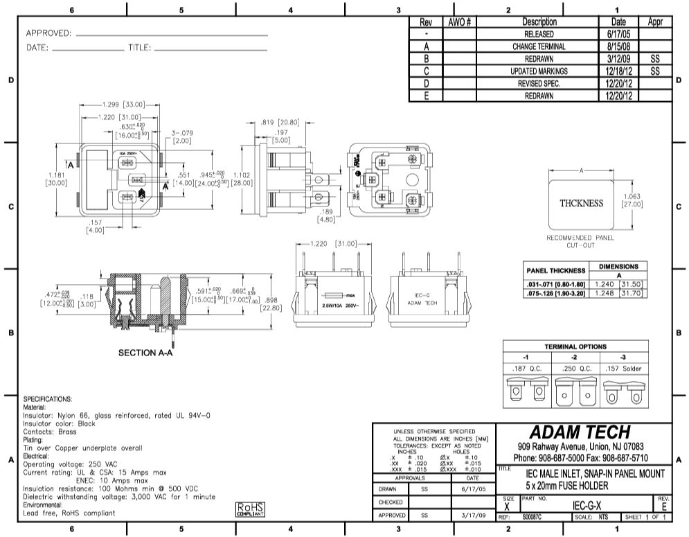 Tikla štekers, 250VAC, 10A, C14(E), + drošinātājs, ar sprūdiem, šasijai