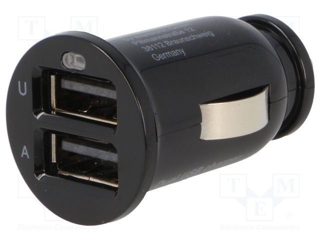 auto štekers piepīpētājam (12...24V DC) uz USB ligzda, 5V, 2x1.05A(1x2.1A), melnā krasa