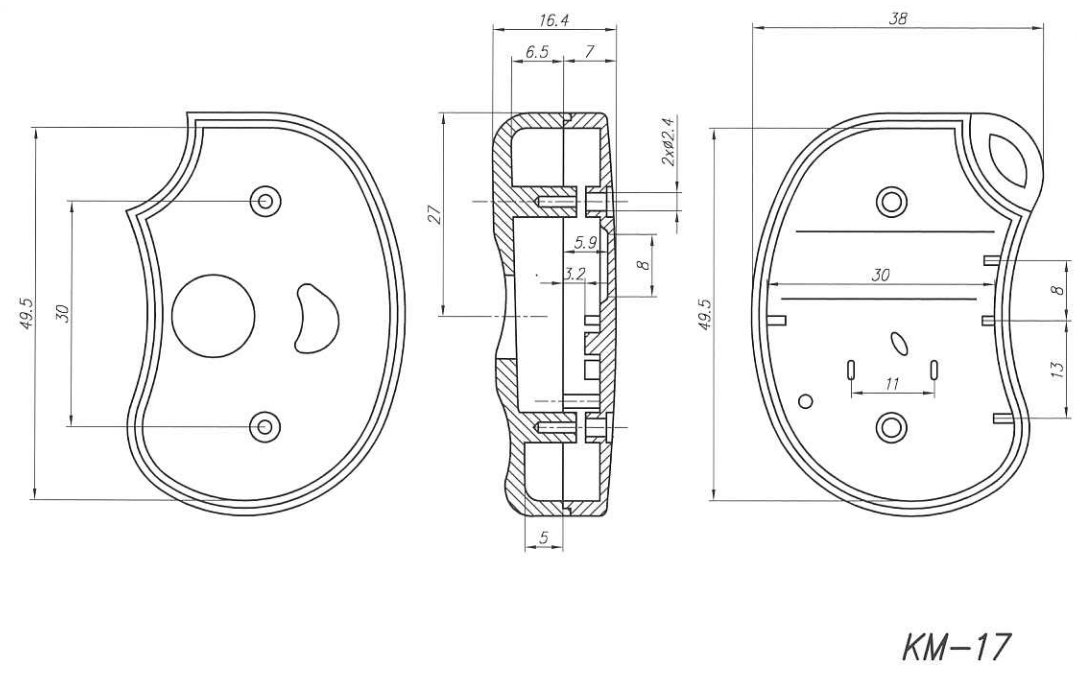 Plastmasas korpuss, pultīm, 54x38x14mm, ABS, melnā krasa, 2 pogas+LED