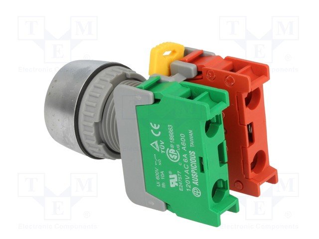 Paneļu slēdzejs, 22mm, 2 poz., ON-(OFF), sarkana, IP65, 3A/230VAC, divi kontakti uz sasl/atslēg.