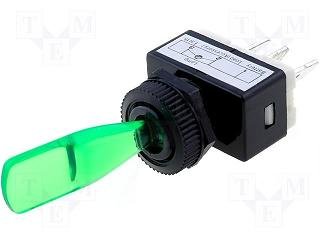Tumblers, SPST-NO, OFF-ON, 6A/12VDC, lodēšanai, 6.3x0.8mm, M12, 13.7x25.5x12.2mm, poliamids, CSI, ar fiksaciju, ar zaļu apgaismošanu 12V